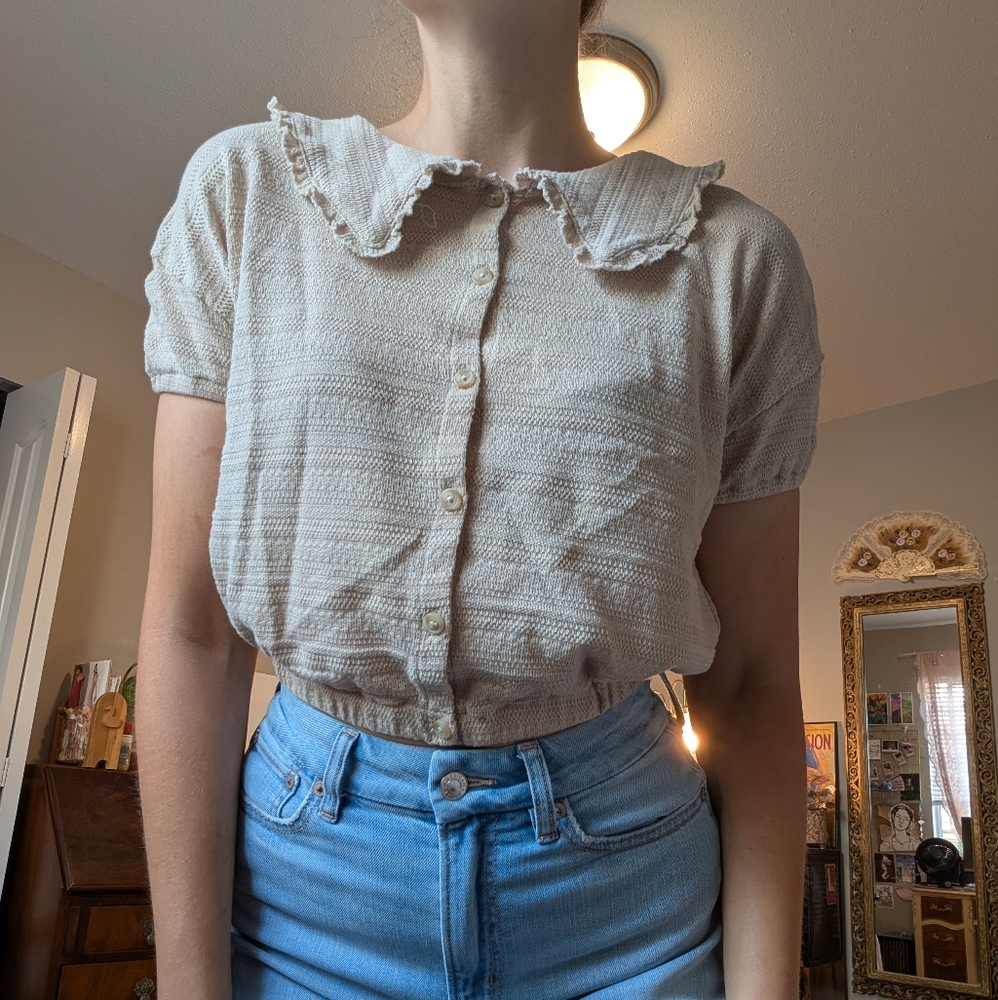 Madewell Cream Button Down Shirt with Ruffled Collar